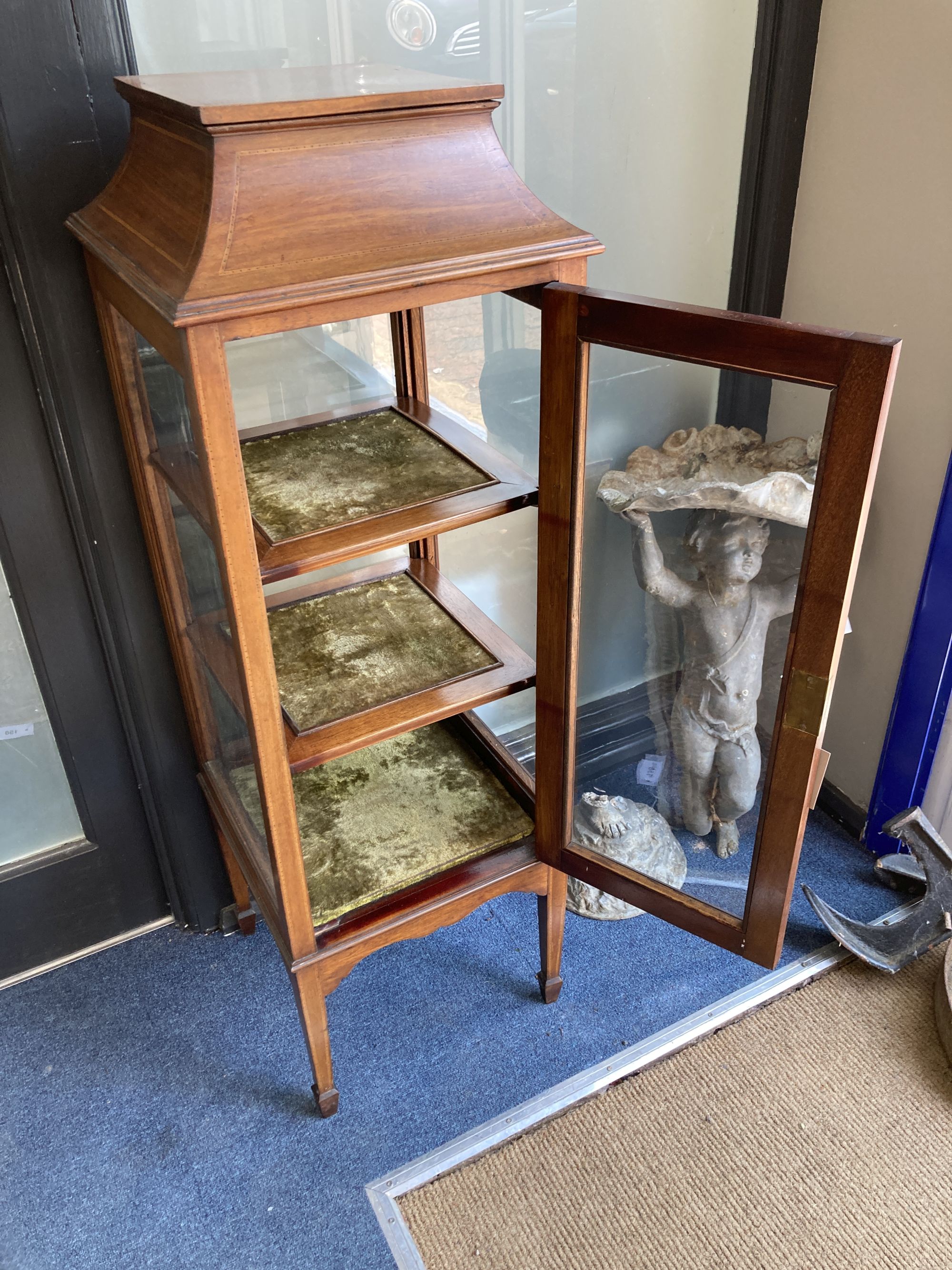 An Edwardian mahogany satinwood banded mahogany bijouterie cabinet, width 37cm, depth 37cm, height 112cm